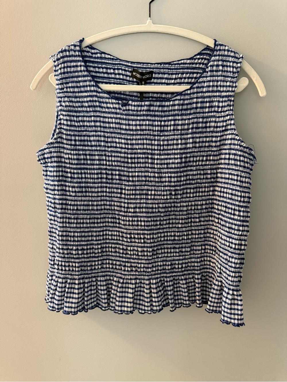 MODERN WORKS Navy & White Gingham Seersucker Sleeveless Top, S, NWT